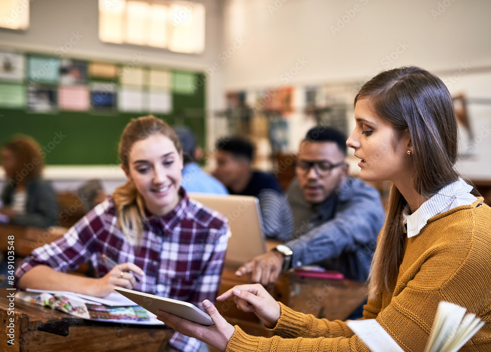 Fototapete Students, e learning and tablet for university as group in college or school in class for assignment. Teamwork, people and collaboration with reading on tech for exam, project or tutorial for science