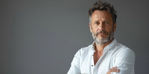 Obraz premium Mature man with a white shirt holding a napkin in a stylish restaurant, looking confident.