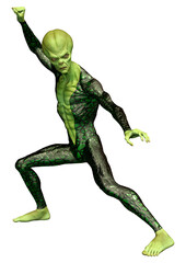 3D Rendering Green Alien on White
