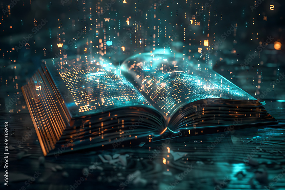 Wall mural a futuristic magical book covered in binary code, combining magic and science. mystical symbols and technological patterns, highlighting the fusion of technology and magic