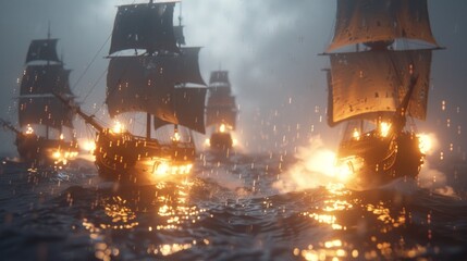 Fototapeta premium Pirate ships fighting during a storm