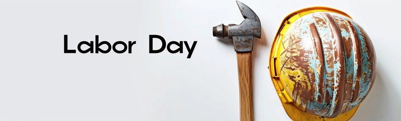 Naklejka premium Labor Day Celebration with Rustic Hammer and Worn Construction Helmet.