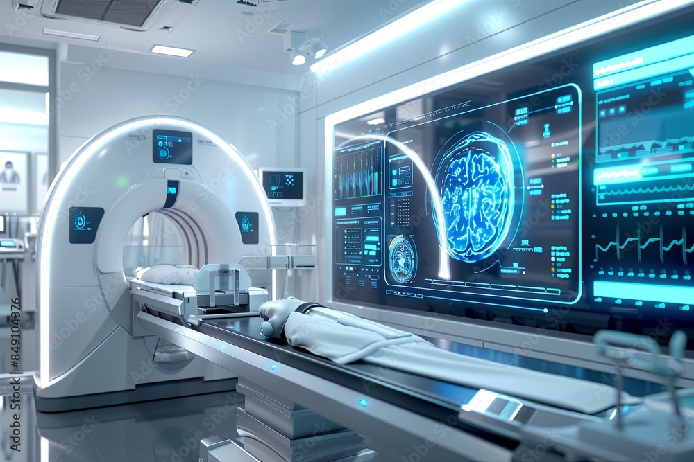 Poster A modern medical laboratory with a high-tech scanner analyzing patient data on a large screen. The scanner is used to diagnose and treat patients. Generative AI