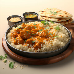 Chicken tikka masala with rice and naan bread.