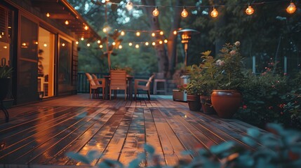 The backyard deck with string lights and outdoor dining area at night. creating an inviting atmosphere for casual gatherings or social events.