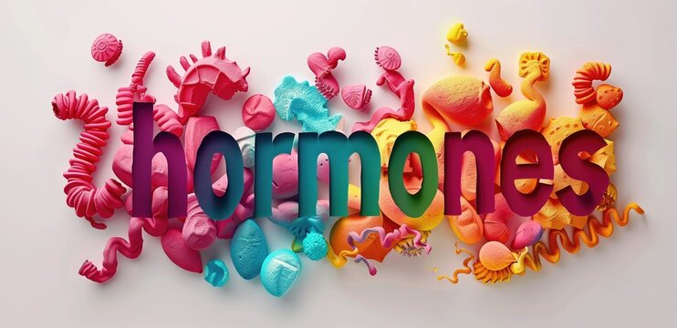 Hormones text with colorful abstract shapes. Focus on medical concept and design.