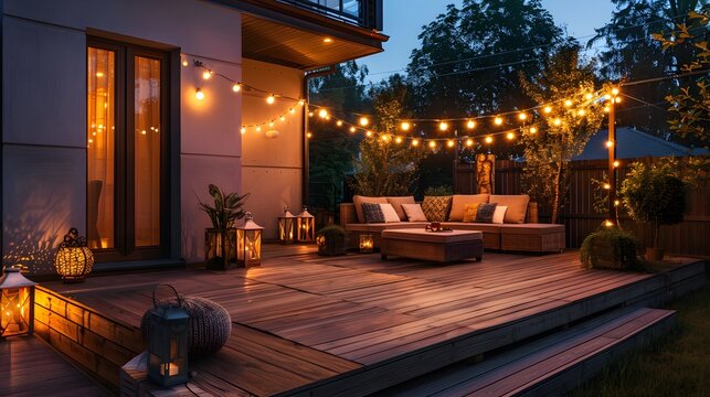The backyard deck with string lights and outdoor dining area at night. creating an inviting atmosphere for casual gatherings or social events.
