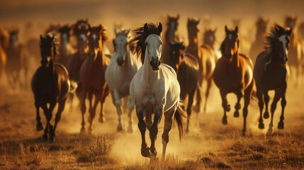 Horse herd run in desert sand storm against dramatic sky