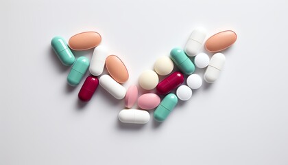 Assorted colorful capsules and tablets arranged in a V shape on a white background, representing medicine, healthcare, and pharmaceuticals.