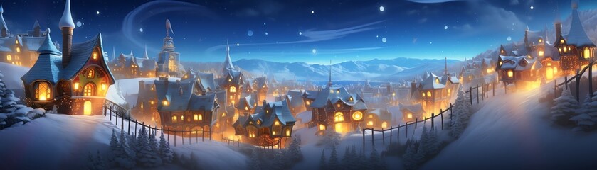 Enchanting winter village at night, lit by warm glowing lights under a starry sky, evoking a serene and festive holiday atmosphere.