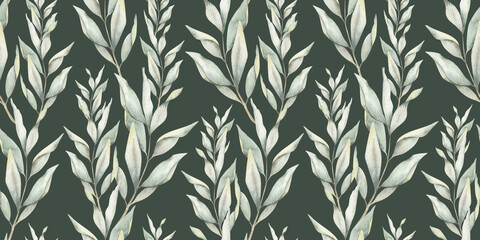 Green branches with leaves. Hand drawn watercolor seamless pattern of Twigs. Summer floral background for wedding design, textiles, wrapping paper, scrapbooking