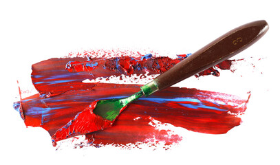 Blue and red oil paint with metal spatula isolated on white, clipping, top view
