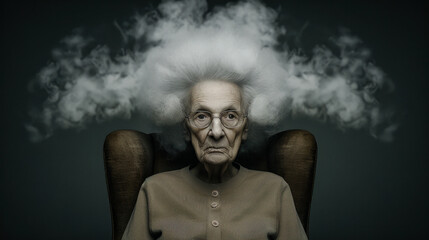 Fototapeta premium Portrait of an Elderly Woman Smoking a Cigarette: Capturing the Deep Wrinkles, Intense Eyes, and Winter Clothing in a Striking Image that Conveys a Lifetime of Stories Wallpaper Digital Art Poster
