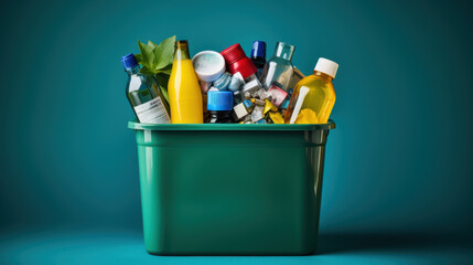A green trash can is filled with various bottles and containers