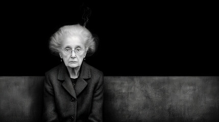 Portrait of an Elderly Woman Smoking a Cigarette: Capturing the Deep Wrinkles, Intense Eyes, and Winter Clothing in a Striking Image that Conveys a Lifetime of Stories Wallpaper Digital Art Poster