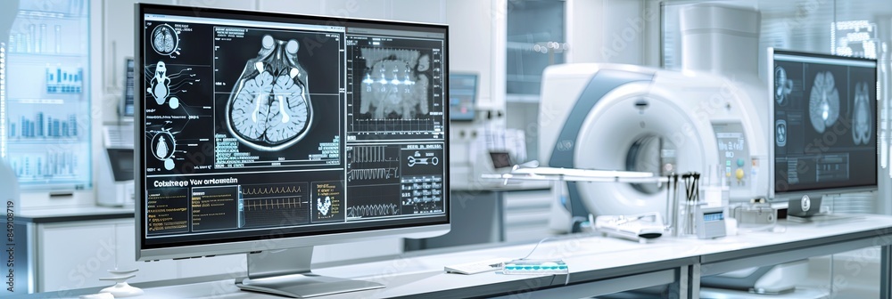Aufkleber A modern medical laboratory with a large monitor displaying patient data and a high-tech scanner in the background. Generative AI