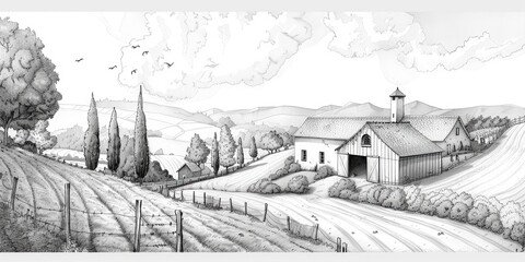 Fototapeta premium Pen and Ink Drawing of a Rural Farm