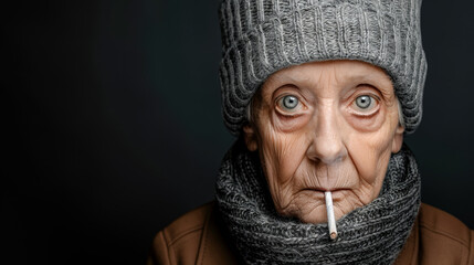 Fototapeta premium Portrait of an Elderly Woman Smoking a Cigarette: Capturing the Deep Wrinkles, Intense Eyes, and Winter Clothing in a Striking Image that Conveys a Lifetime of Stories Wallpaper Digital Art Poster