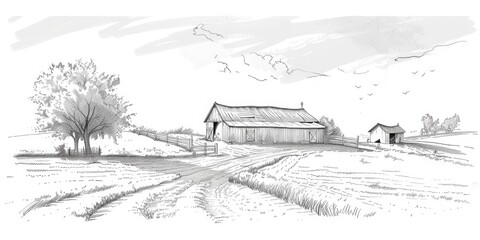 Fototapeta premium Pen and Ink Drawing of a Rural Farm
