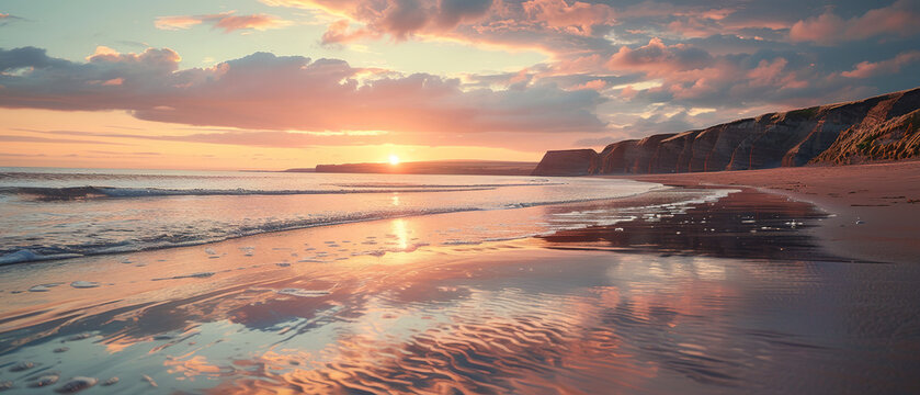 A seaside scene at sunset, where the sky blazes with colors of orange and pink above a calm sea. The gentle waves reflect the sky&acirc;&euro;&trade;s colors, creating a peaceful, reflective environment.
