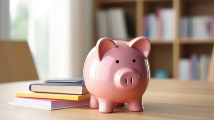 A pink piggy bank stands next to a stack of books on a wooden table in a well-lit room.
