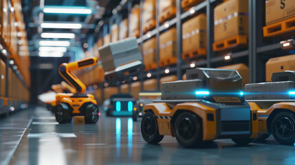 AI-Driven Automated Warehouse with Robots Sorting and Delivering Packages, Revolutionizing Efficient Logistics and Supply Chain Management