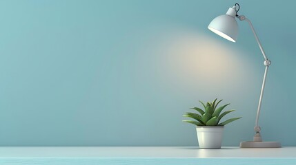 Side view of desk arrangement portraying table lamp and small flowerpot with succulent plant on Blue wall background - Powered by Adobe