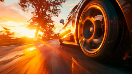 The car moves at fast speed at the sunset.
