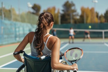 Woman in the wheelchair on the tennis court