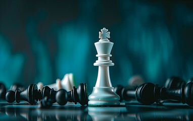 A white chess piece stands on the board, among fallen black pieces.
