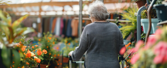 Naklejka premium Senior woman walking with a walking frame in a flower garden at nursing care home. Elderly female pensioner shopping for plants at the garden centre. Nursing home concept, copy space