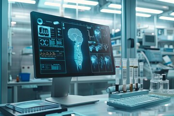 A clean, professional medical laboratory with advanced equipment, featuring an AI-powered diagnostic tool analyzing patient data on a large screen. Generative AI
