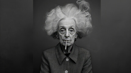 Portrait of an Elderly Woman Smoking a Cigarette: Capturing the Deep Wrinkles, Intense Eyes, and Winter Clothing in a Striking Image that Conveys a Lifetime of Stories Wallpaper Digital Art Poster