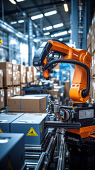 Fototapeta premium A robot is working in a warehouse, surrounded by boxes