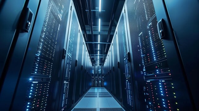 Data Center IT Professionals and System Administrators Talking, Using Tablet Computers, Wearing Secure Server Clod Farm with 2 Information Technology Engineers Inspecting Cyber Security