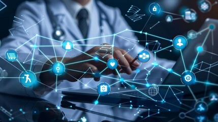 Photo of doctor working with medical network connection icon Hospital and health care service concept