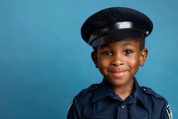 Smiling young boy dressed in a police uniform with blue background
