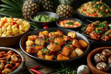 A table full of food, including a black bowl of pineapple chunks