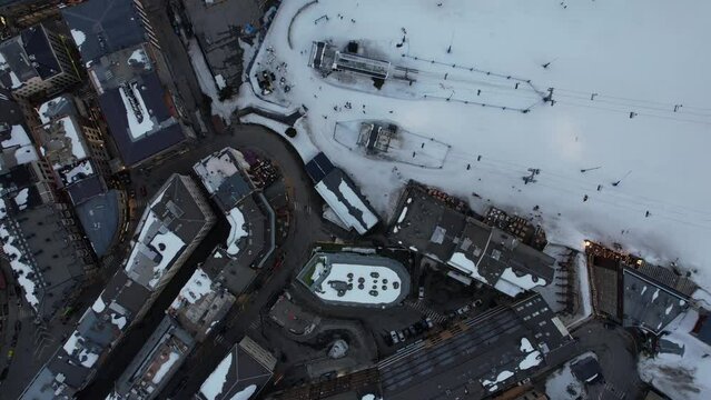 Aerial video over Coll blanc KSB ski resort, Andorra in a snowy winter