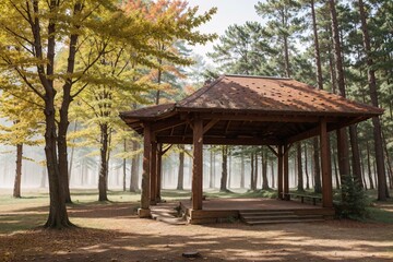Naklejka premium Vibrant autumn forest with mist and writing area