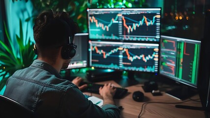 A photograph featuring detailed forex market charts on a digital screen highlights the intensity, fast-paced and analytical nature of the forex trading environment.