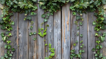 Fototapeta premium Ancient wooden wall covered with climbing plants on gray background