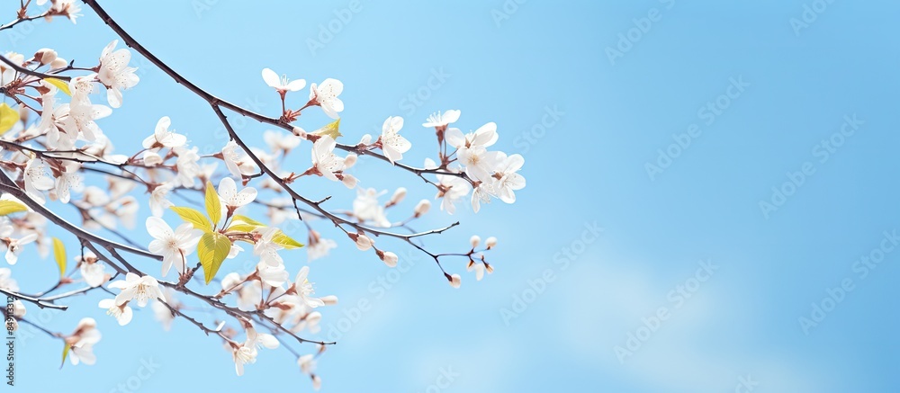 Aufkleber tree branches against bright blue sky spring nature background. creative banner. copyspace image