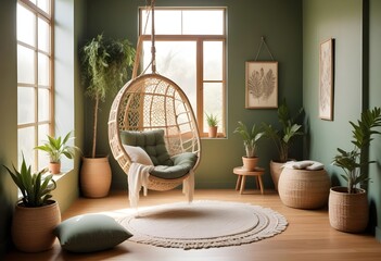 interior design style- reading nook with a hanging rattan chair, cozy floor pouf, and a macrame wall hanging