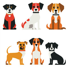 Obraz premium Collection six cartoon dogs sitting isolated white background, dog has unique color pattern collar, displayed flat design style. Canine set showcases variety dog breeds poses