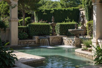 Lush garden with fountains and room for captions