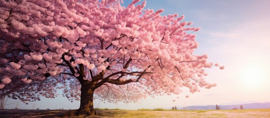 Sakura flowers with pink petals in spring Cherry tree blooming on a sunny day on a floral background Nature beauty environment Sakura blooming season concept. Creative banner. Copyspace image