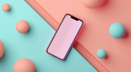A smartphone with a pink screen lies diagonally on a pastel-colored background. The background features a split of teal and peach hues, with 3D spheres in matching colors scattered around