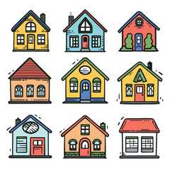 Colorful cartoon houses, varied designs, unique windows, doors. Diverse architecture, suburban homes, vibrant, playful. Nine different styles isolated white background