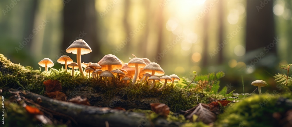 Poster Macro Photo of Woodland Mushrooms. Creative banner. Copyspace image